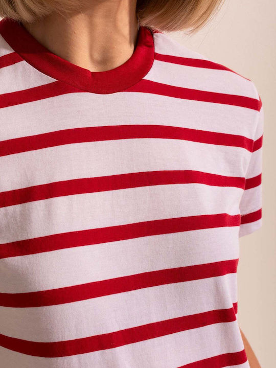 Bluza Damă Bumbac Mâneci Scurte Cu Dungi Roșii Red Stripes
