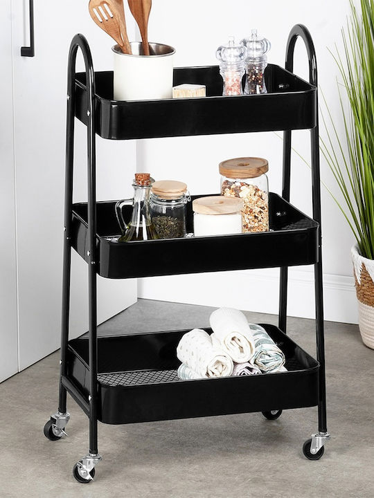 Metallisches Küchenwagen mit 3 Ebenen Schwarz 44x31.5x79.5cm