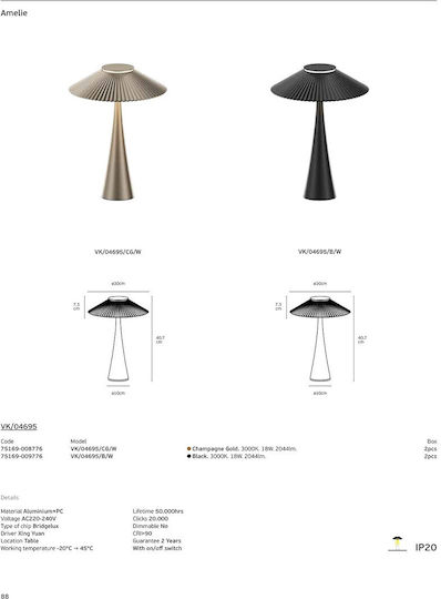 VK Lighting Portativ Metalic LED cu Abajur Auriu și Bază
