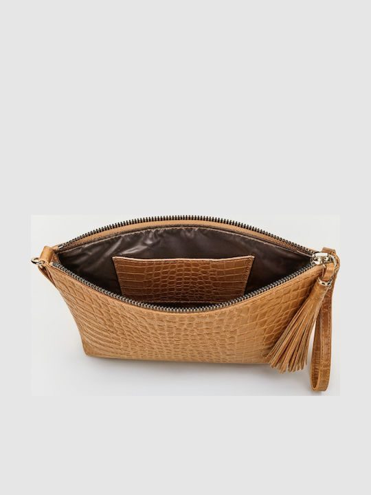 Alfa Mi Дамска Естествена Кожена Плик Clutch Карамел Тауп Croco Принт