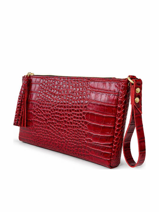 Alfa Mi Γυναικείος Δερμάτινος Φάκελος Clutch Μπορντό Κόκκινο Croco Print