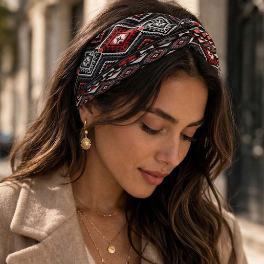 Crossed Headband Hair In Sweet Cotton Printed Aztec Red Black