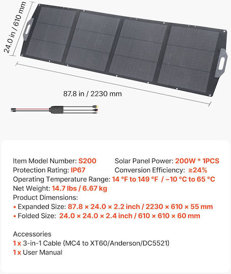 Vevor Panou Solar Pliabil Încărcător 200W Pentru Dispozitive Portabile (BXZDTYNB1200XB0D2001Y3)