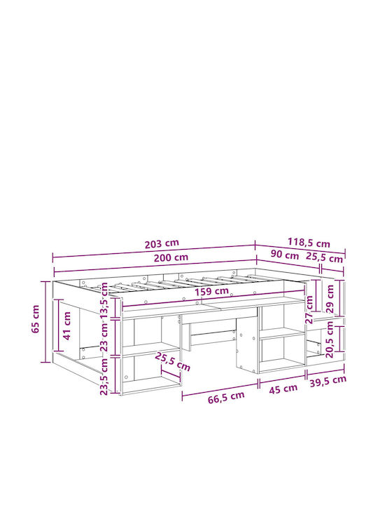Детско Легло Единично с Място за Съхранение Черно за Матрак 90x200cm