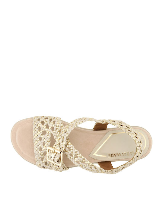 Deri Flache Damen Sandalen Gold
