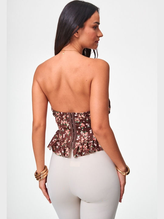 Γυναικείο Crop Top Floral Καφε Σκουρο