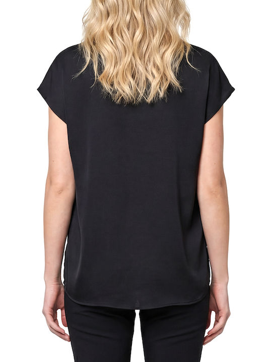 Blouse Women Twenty-29 Γυναικεία Μπλούζα Σατέν Κοντομάνικη με V Λαιμόκοψη Μαυρο