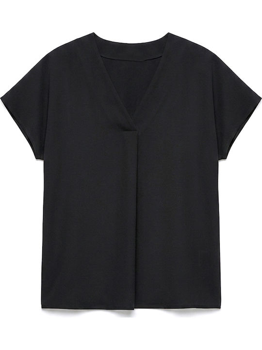 Blouse Women Twenty-29 Γυναικεία Μπλούζα Σατέν Κοντομάνικη με V Λαιμόκοψη Μαυρο
