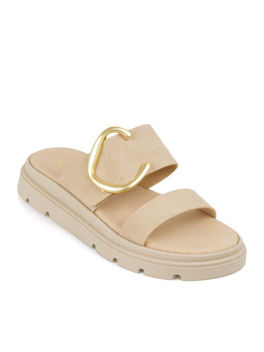 Leather Women's Flat Sandals Flatforms Beige