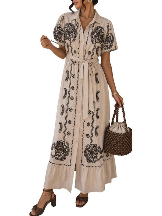Damen Maxi Sommer Hemdkleid Ecru