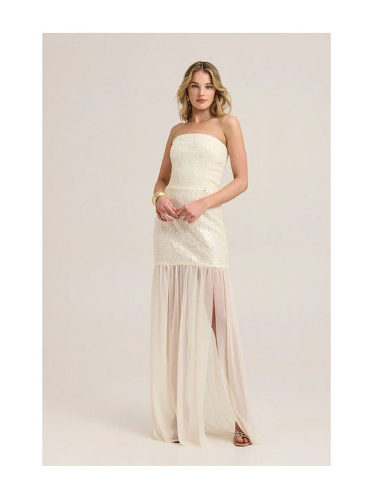 Maxi Βραδινό Φόρεμα Strapless με Τούλι Λευκό