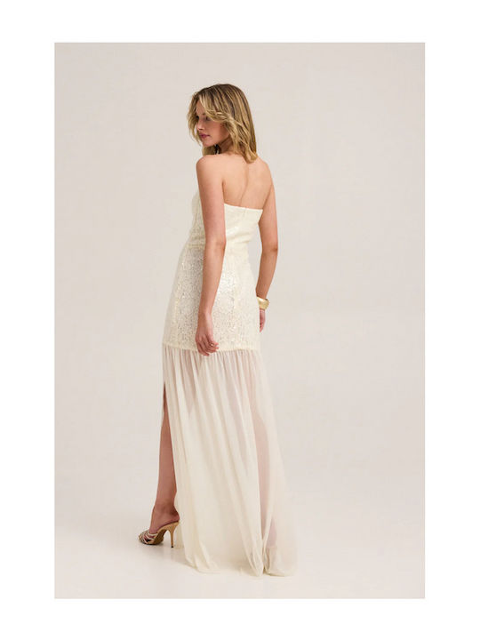Maxi Βραδινό Φόρεμα Strapless με Τούλι Λευκό