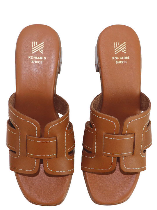 Leather Mules With Low Heel In Tabac Brown Color