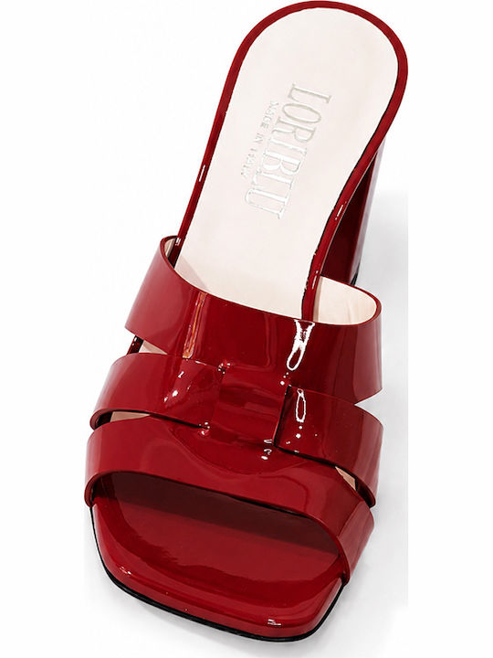 Leather Women's Mules with Thin Heel in Red Color