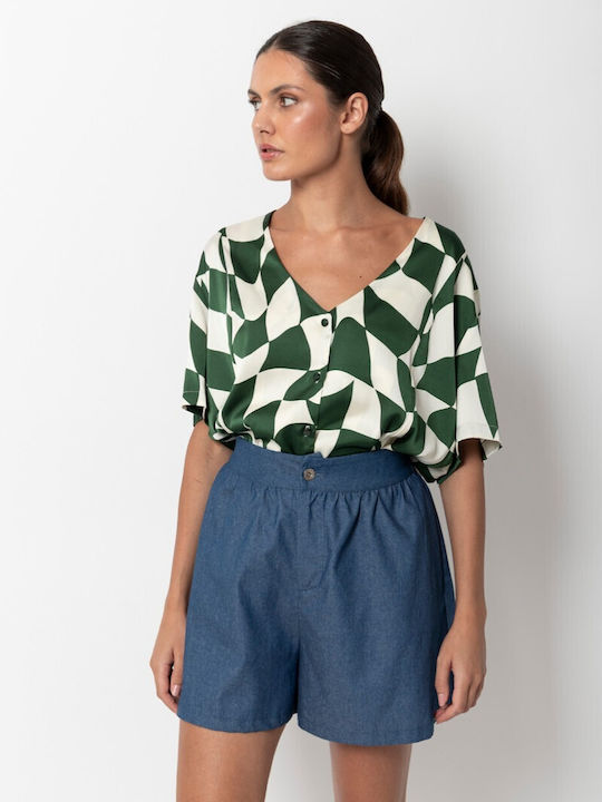 Long Sleeve Women's Linen Shirt Green 55-02-052A-1