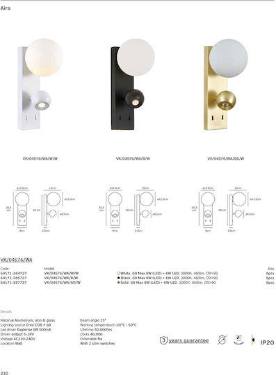 VK Lighting Wall Lamp with G9 Lamp Bulb Base and Switch Gold