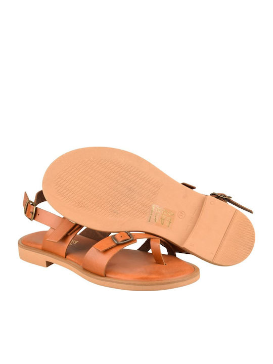 Leather Women's Flat Sandals Tabac Brown