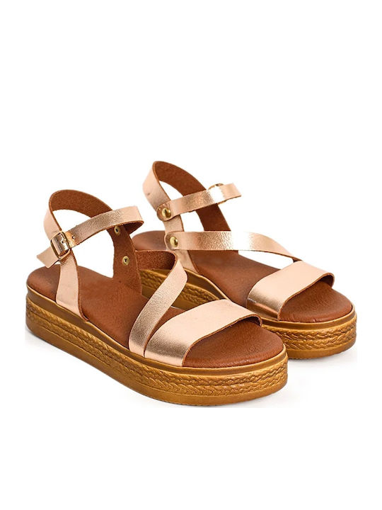 Δερμάτινα Γυναικεία Σανδάλια Flatforms Μπρούτζινο