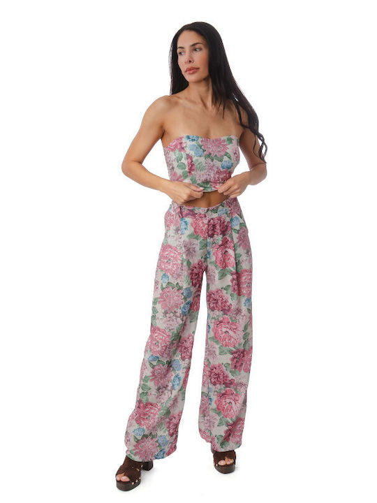 Ροζ Σετ Παντελόνα Strapless Τοπ Φλοράλ Prints