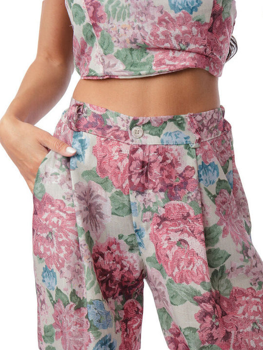 Ροζ Σετ Παντελόνα Strapless Τοπ Φλοράλ Prints