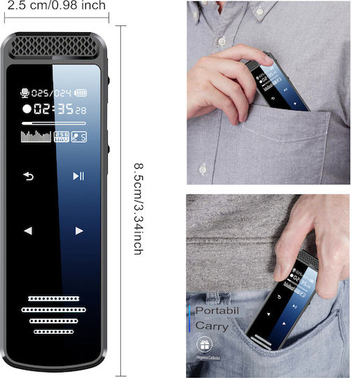 Arvada Q55 Reportofon Portabil 64gb Activare Vocală 8.5x2.7x1.1cm Negru