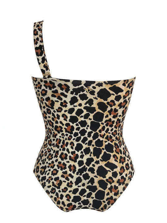 Ολόσωμο Μαγιό με Έναν Ώμο Animal Print Καφέ