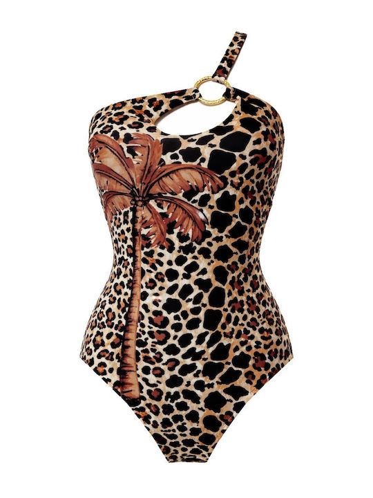 Ολόσωμο Μαγιό με Έναν Ώμο Animal Print Καφέ