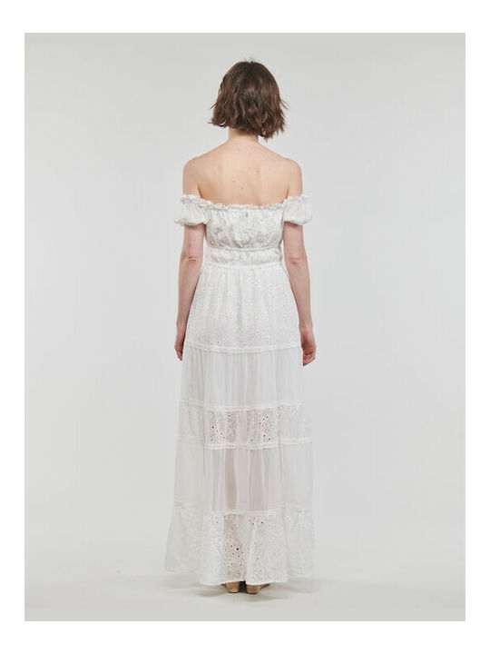 Zena Summer Maxi Dress for Wedding Christening Off-Shoulder with Lace White