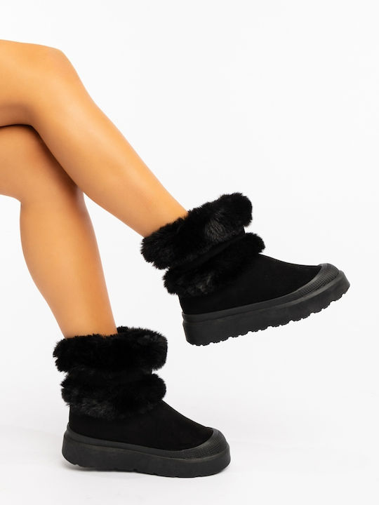 Stiefeletten Damen mit Plattform & Pelz Schwarz