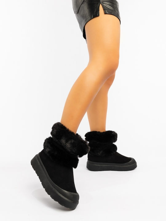 Stiefeletten Damen mit Plattform & Pelz Schwarz
