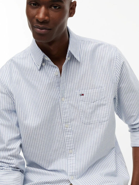 Long Sleeve Denim Shirt In Regular Fit Striped Light Blue