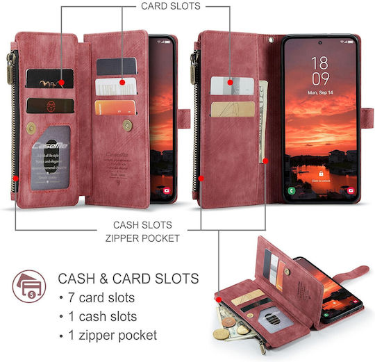Caseme C30 Samsung Galaxy S25/s24 5g Card Slots Zipper Wallet Synthetic Leather Case Red