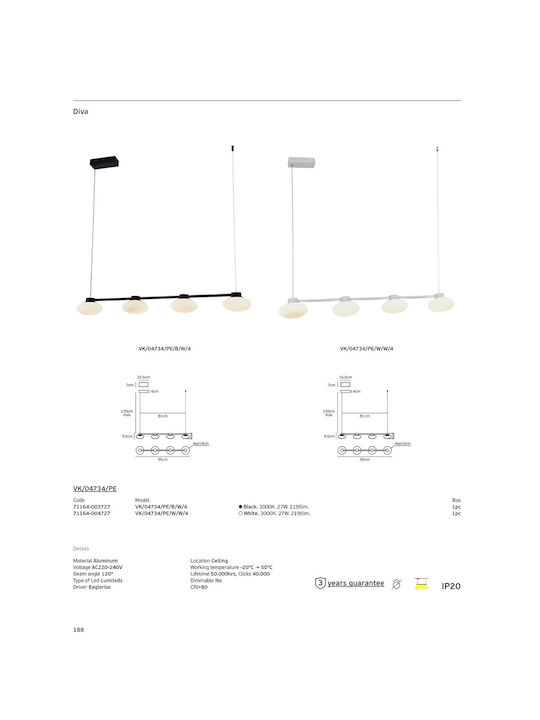 VK Lighting Lumini Suspendate Alb LED Cu Lumină Alb Cald