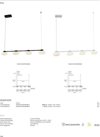 VK Lighting Κρεμαστό Φωτιστικό Μαύρο LED με Θερμό Λευκό Φως