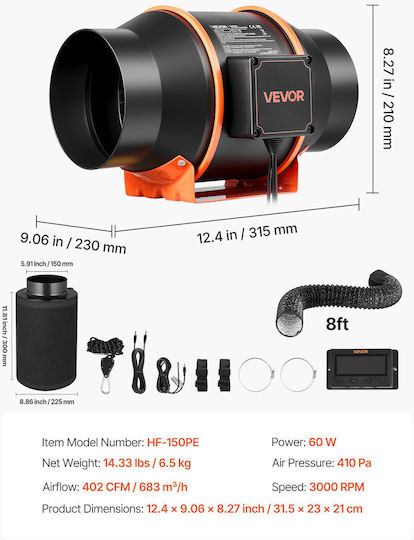 Vevor Εξαεριστήρας Αεραγωγών Διαμέτρου 152.4mm