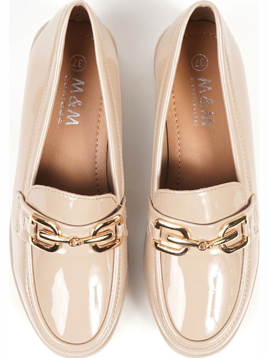 Patent Leather Women's Loafers in Beige Colour