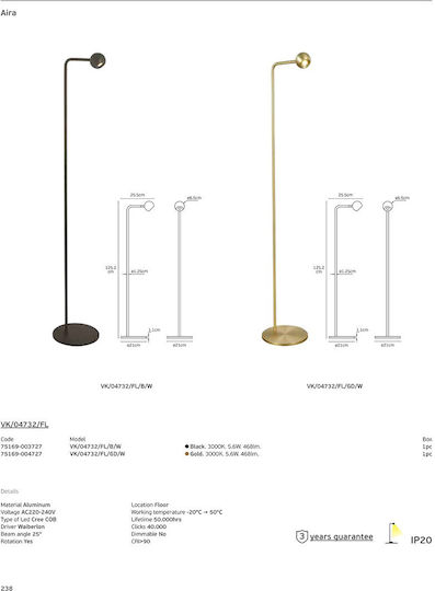 VK Lighting LED Φωτιστικό Δαπέδου Υ125.2εκ. με Θερμό Λευκό Φως 468lm Μαύρο