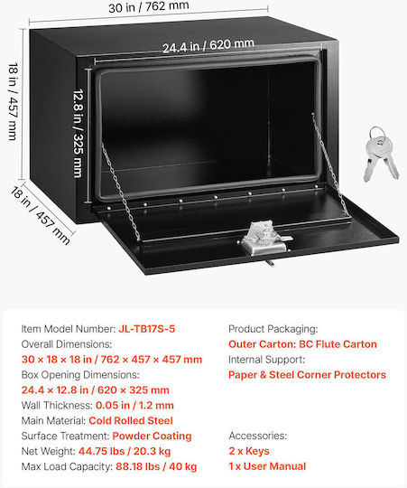 Vevor Underbody Truck Tool Box 762 X 457 X 457 Mm Κουτί Αποθήκευσης Τρέιλερ Χάλυβα Βαρέως Τύπου Κλειδαριά & Κλειδιά Αδιάβροχη Οργάνωση Αποθήκευσης Τρέιλερ Κάτω Αμάξωμα Λαβή T Φορτηγό Van Suv Μαύρο