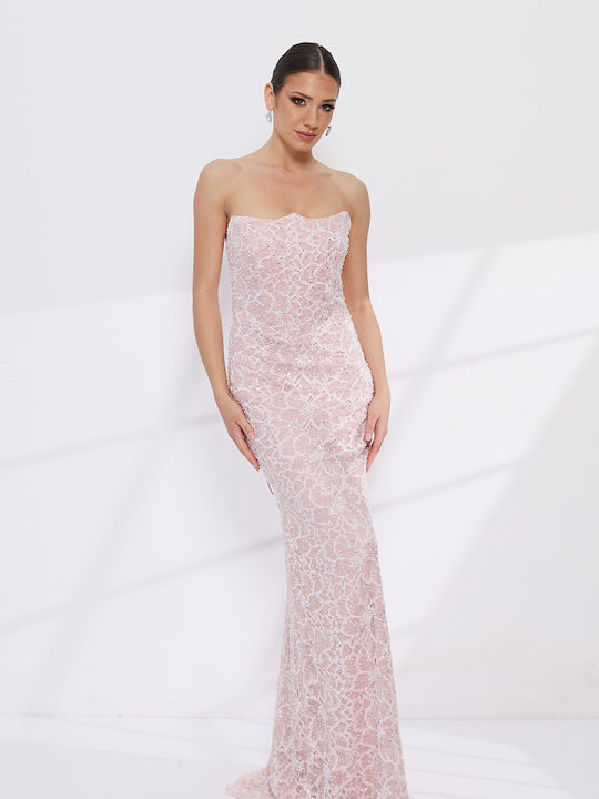 Rochie Maxi Pentru Nuntă / Botez Fără Bretele Roz