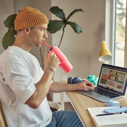 Hydro Flask Handled Tumbler Θερμός Ανοξείδωτο 710ml Popstar Pink με Καλαμάκι και Λαβή