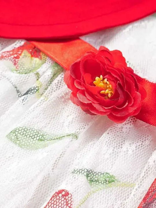 Girls Sleeveless Tulle Floral Dress Set with Coat and Accessories Red