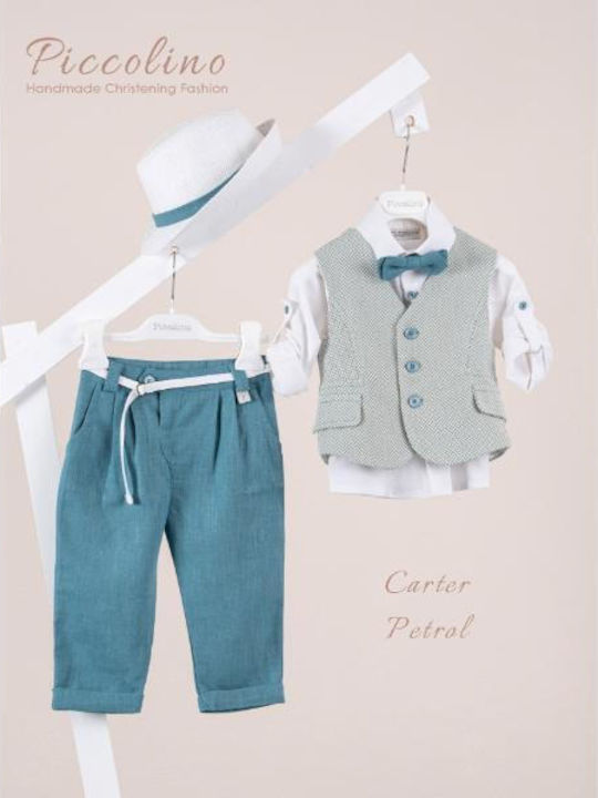 Piccolino Costum De Botez Cu Vestă Pentru Băieți Din In Carter Turcoaz