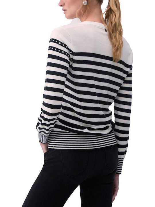 Women's Blouse with V-Neckline Striped Ecru-Black