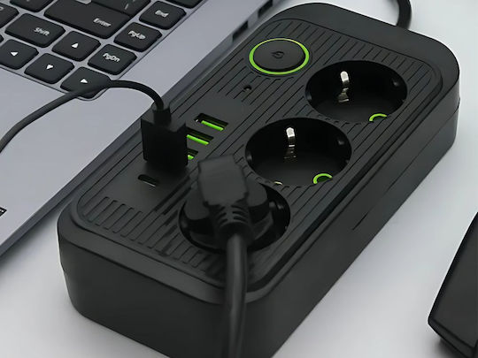 Bandă de Alimentare de Siguranță cu 3 Prize cu USB-A 1 USB-C Comutator și Cablu de 2m