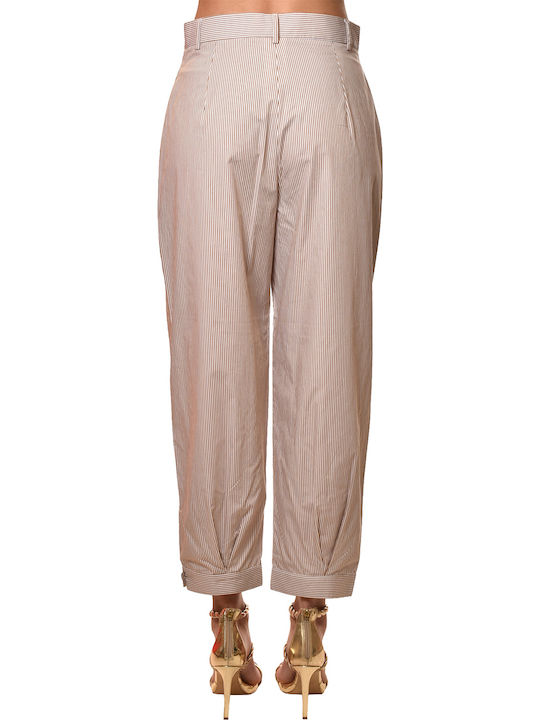 Women's Fabric Striped Beige Trousers