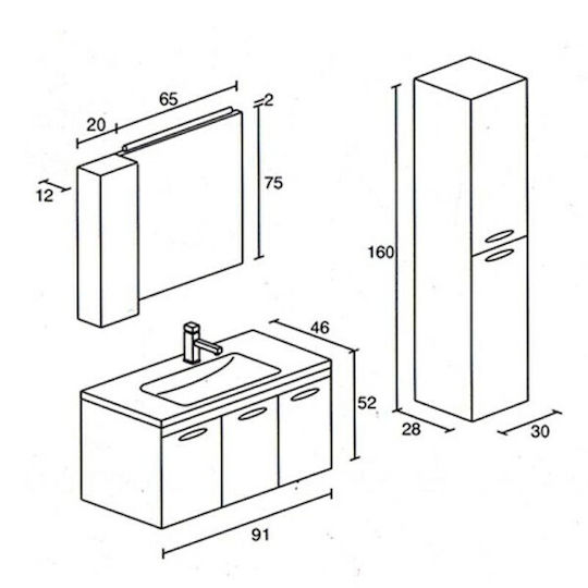 Pro Bagno Симон 655 Шкаф със Мивка & Огледало със светлина Д91xШ52xВ46см Матрица W13