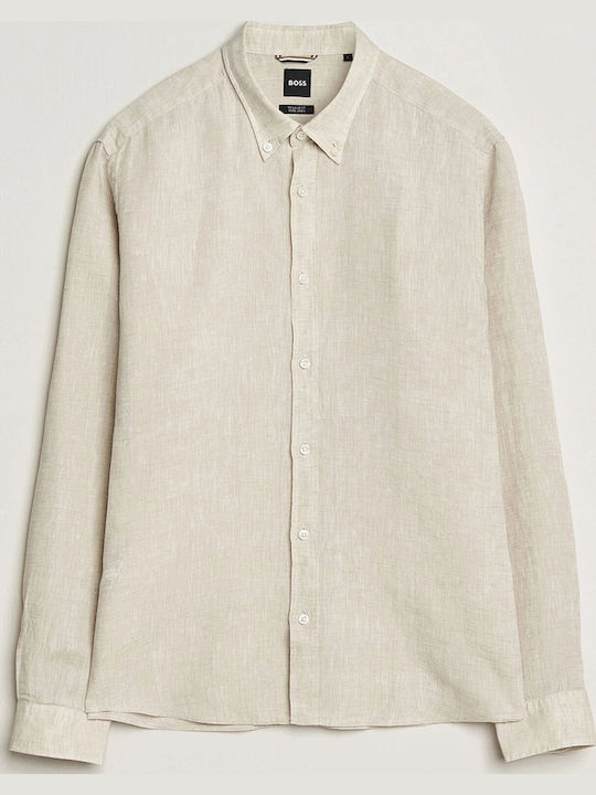 Langärmeliges Leinen-Herrenhemd in Normale Passform Beige