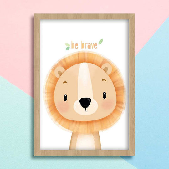 Kids Wall Art Lion with White Frame Made of Wood 40x50cm