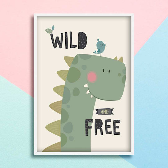 Kids Wall Art Dinosaur with White Wooden Frame 40x50cm