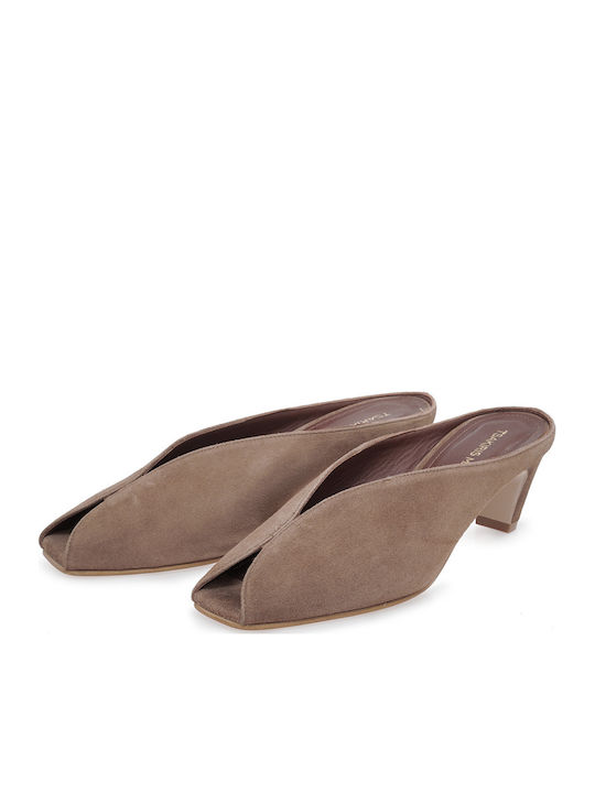 Suede Mules με Χαμηλό Τακούνι σε Ταμπά Χρώμα